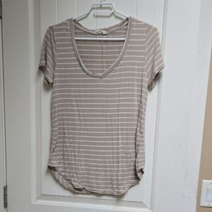 Bluenotes Beige and White Striped Short Sleeve Tee Women's Small